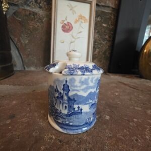 Maling Newcastle-on-Tyne Blue White Transferware Jam Pot Honey Jar England VTG